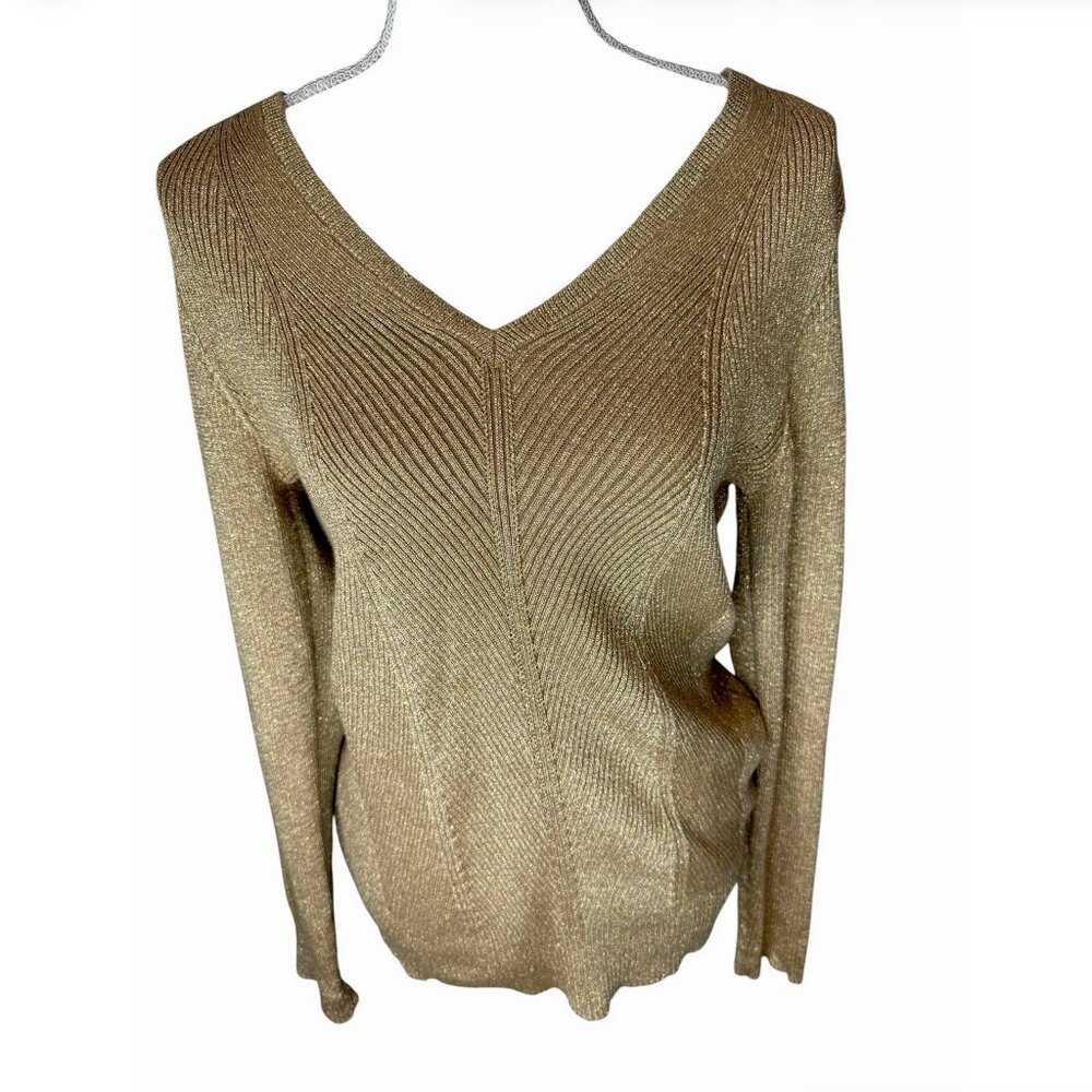 Lauren Ralph Lauren Gold Ribbed V-Neck Knit Sweater Size XL
